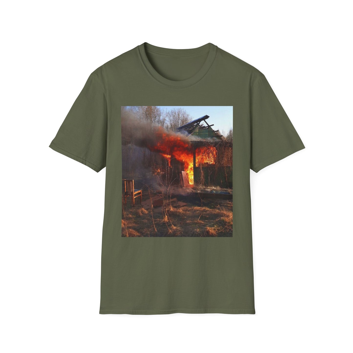 Unisex Softstyle T-Shirt - Vintage Fire Scene, Casual Wear, Outdoor Events, Gift for Fire Enthusiasts, Unique Art Tee, Festival Fashion